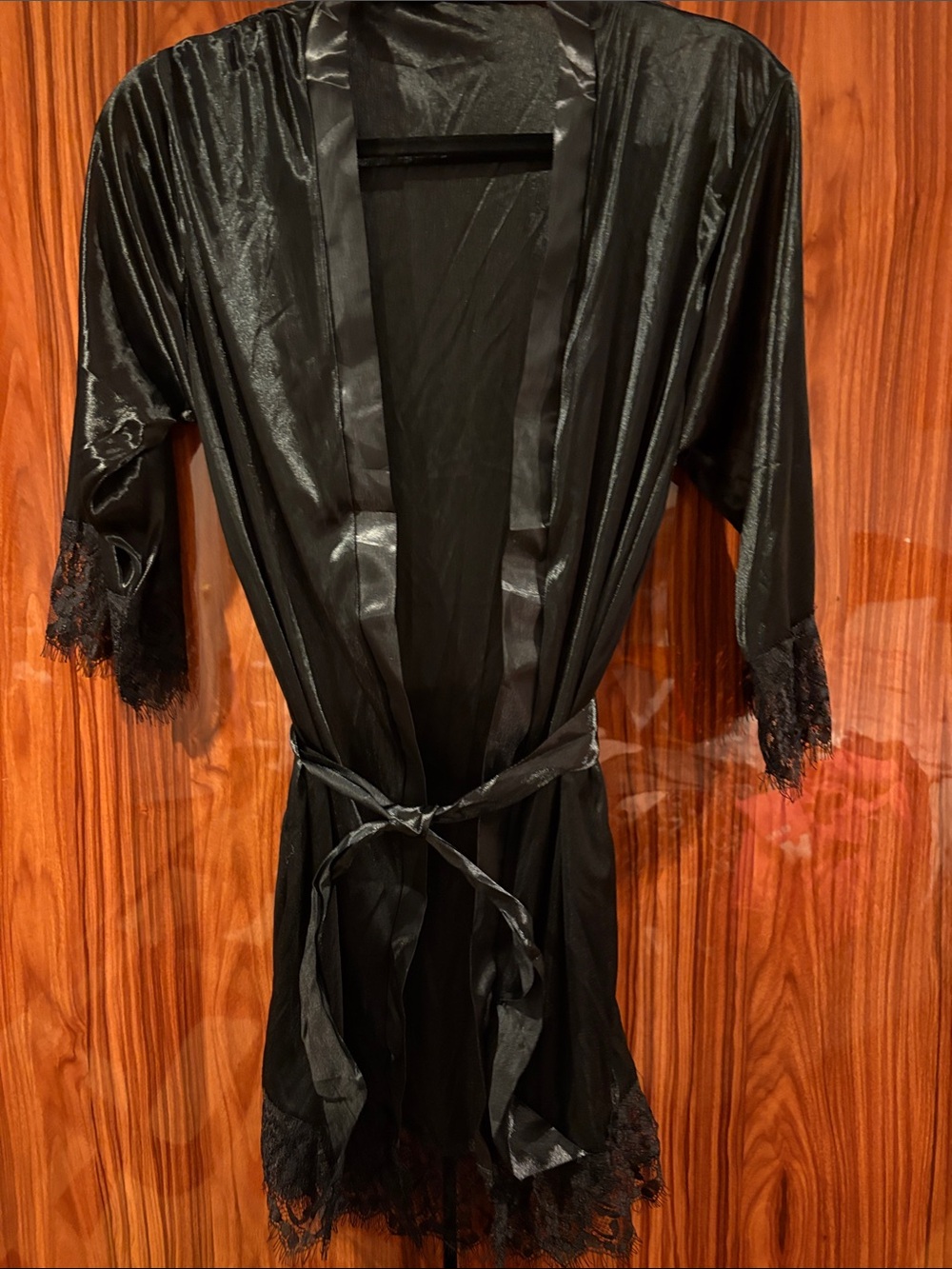 Black Lace-Trim Satin Robe - Women's Intimates
